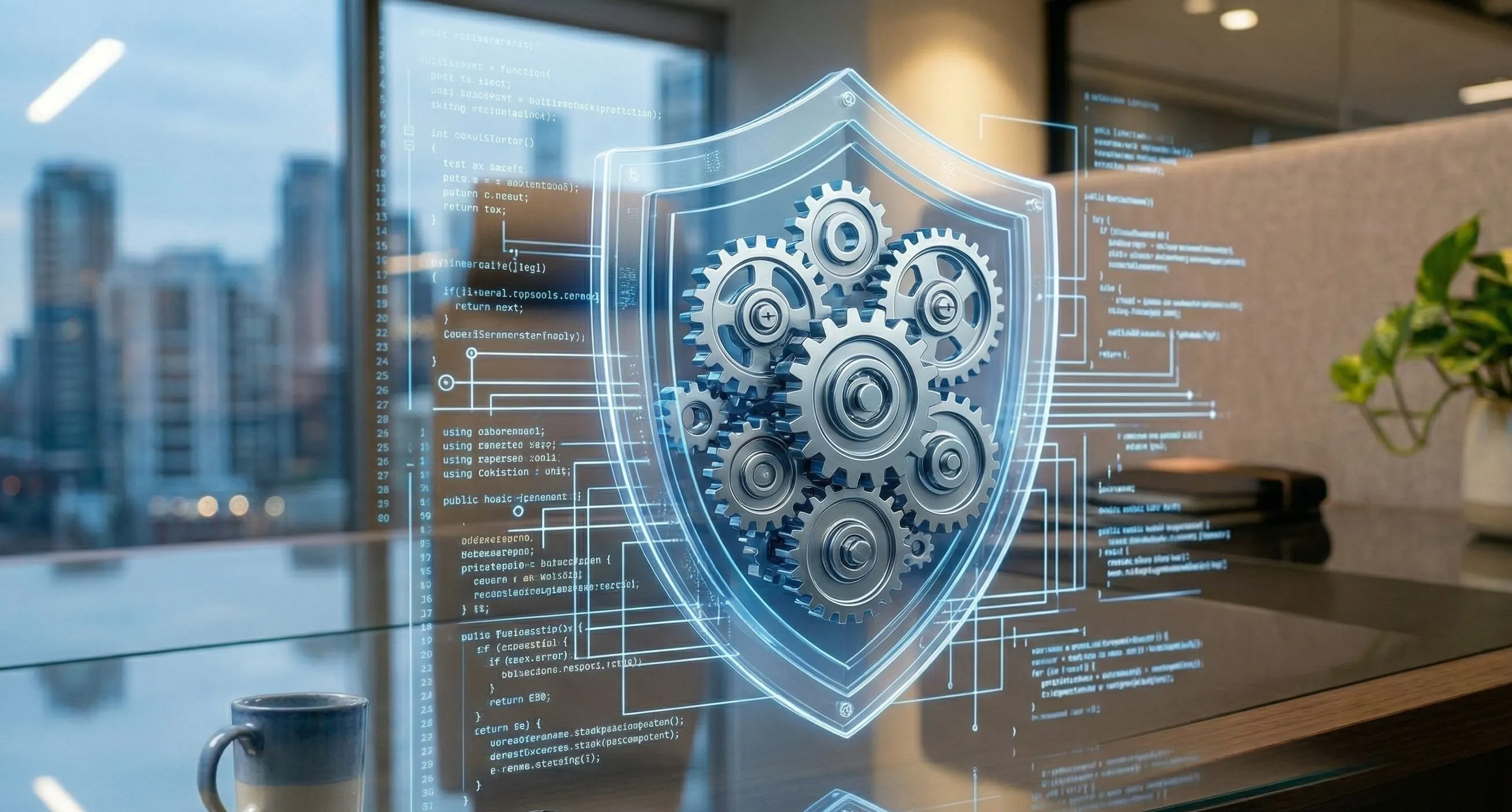 Digital shield protecting gears over lines of code