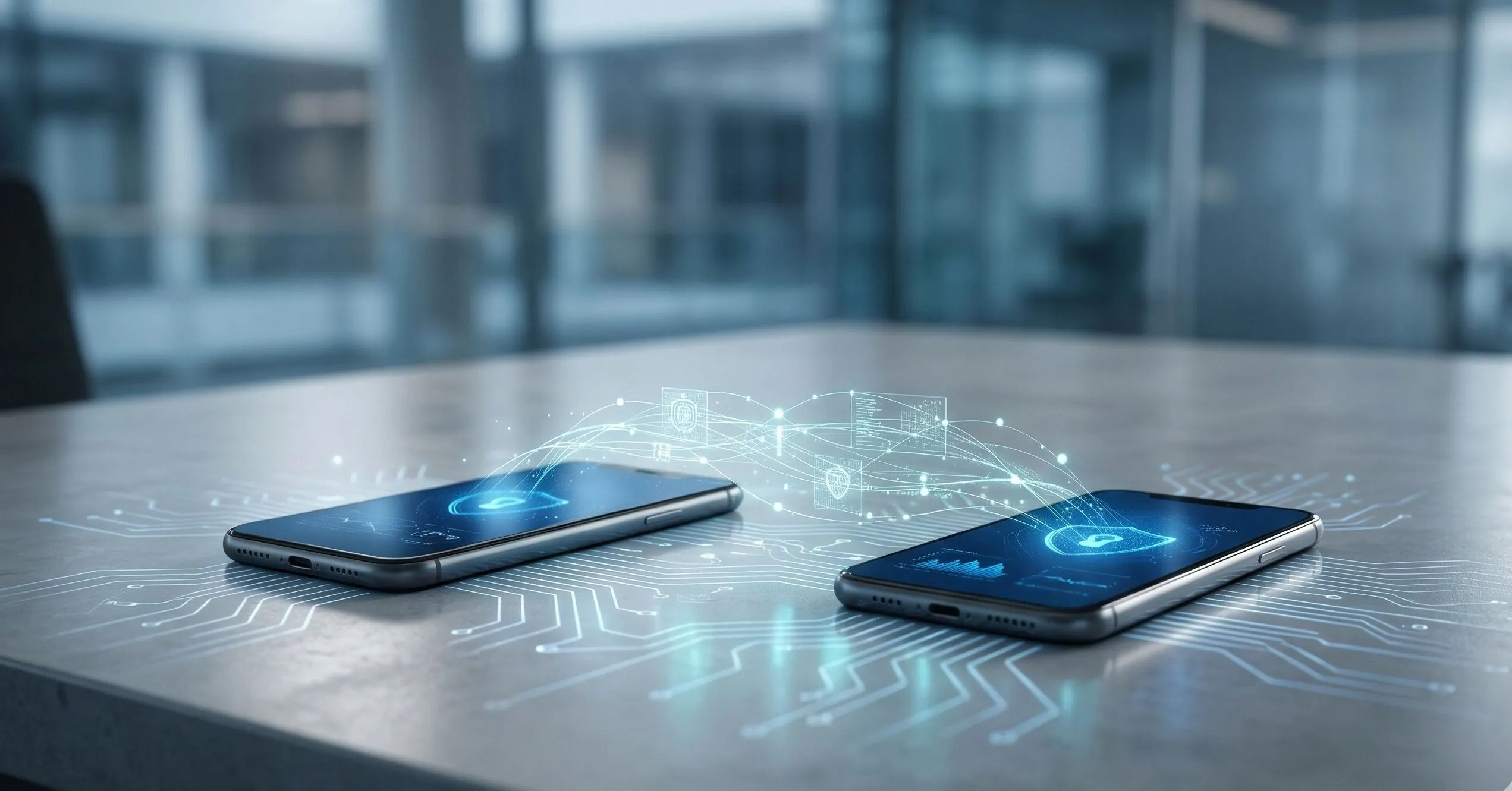 Two smartphones connected by data streams symbolizing crossed metadata