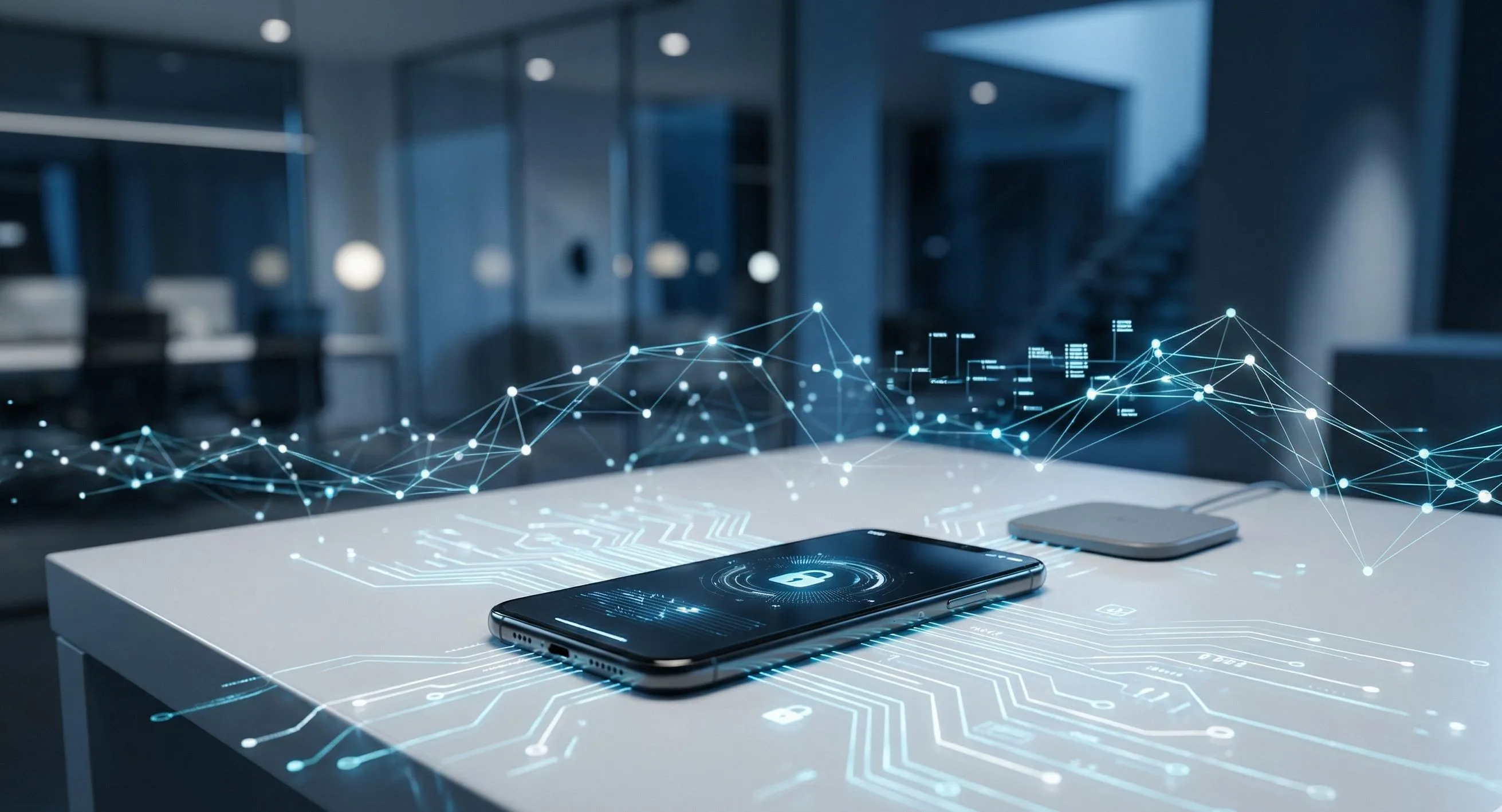 Smartphone surrounded by floating digital data nodes
