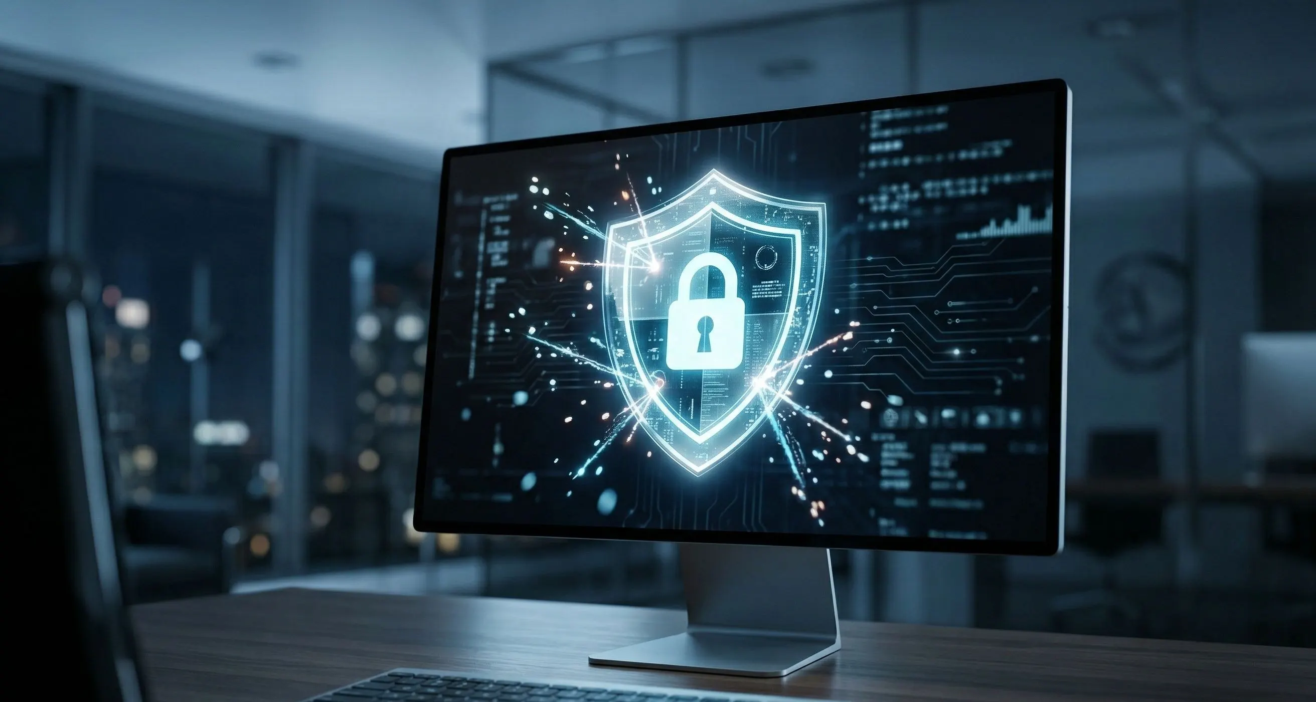 Screen with digital shield blocking malicious code