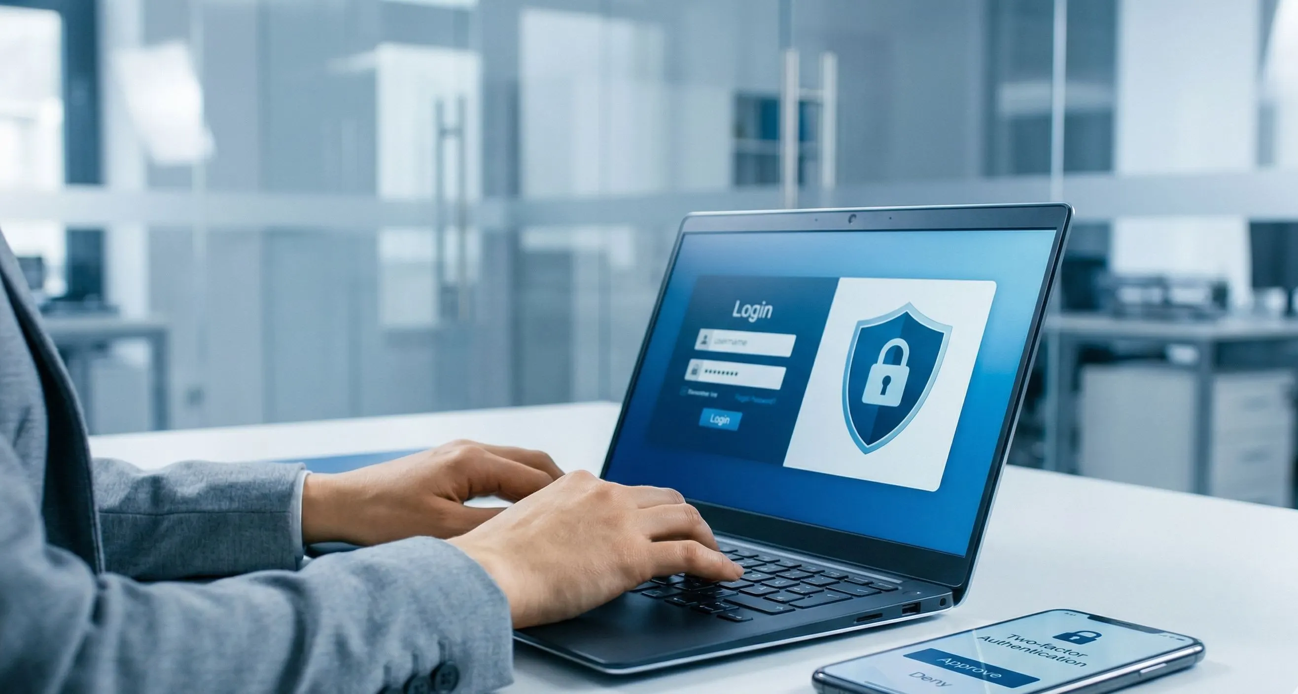 Professional using laptop with two-factor authentication on smartphone