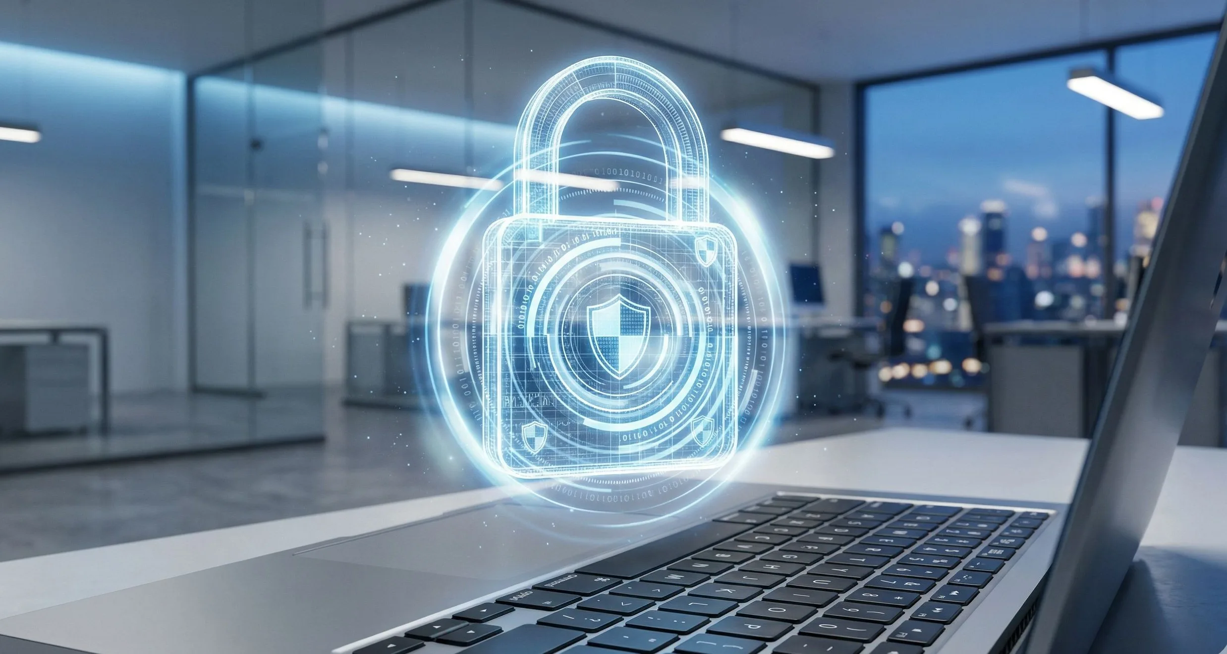Holographic digital padlock on a web server, representing data protection in small and medium sized businesses