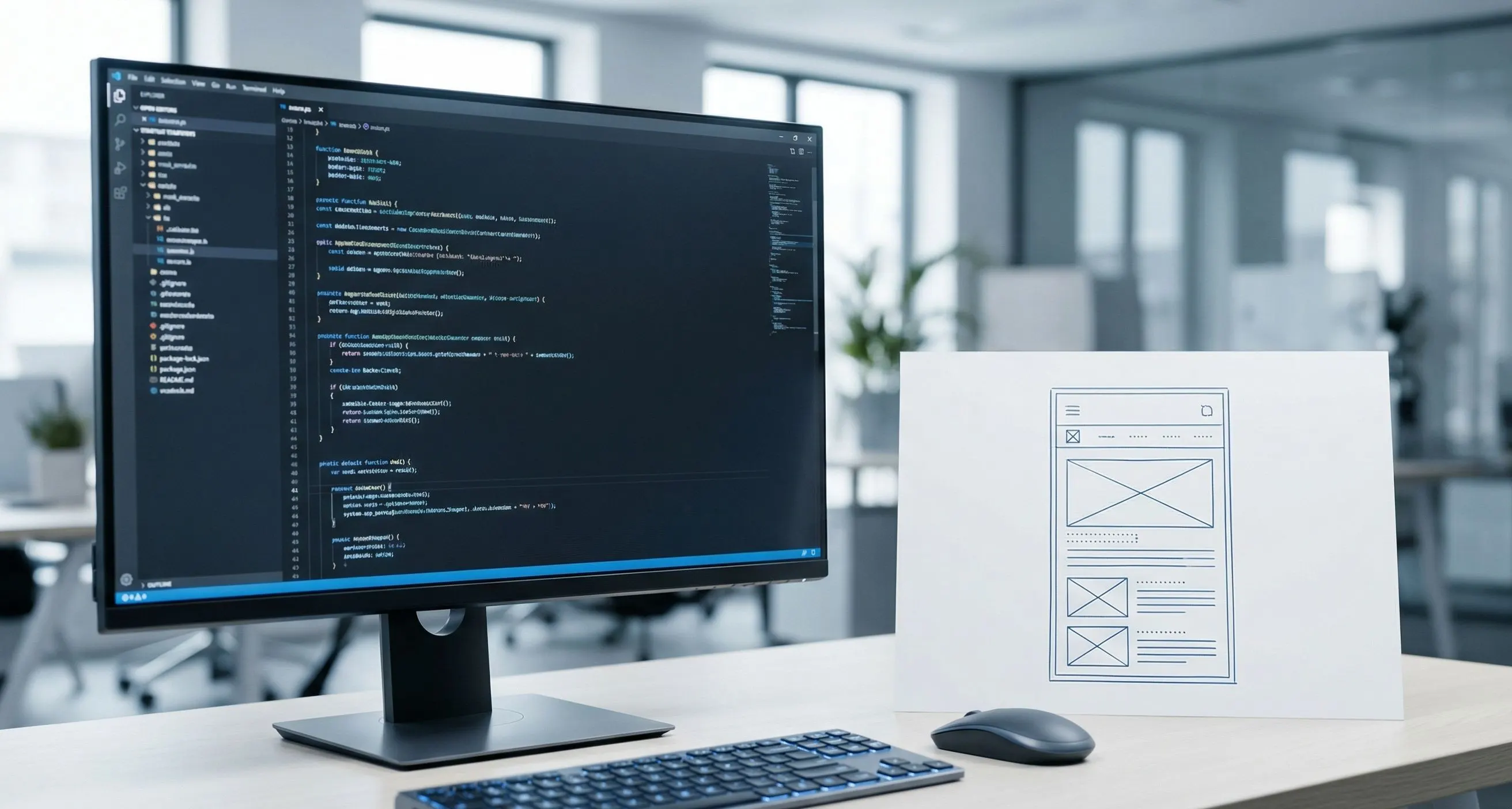 Monitor with clean code next to user interface sketch