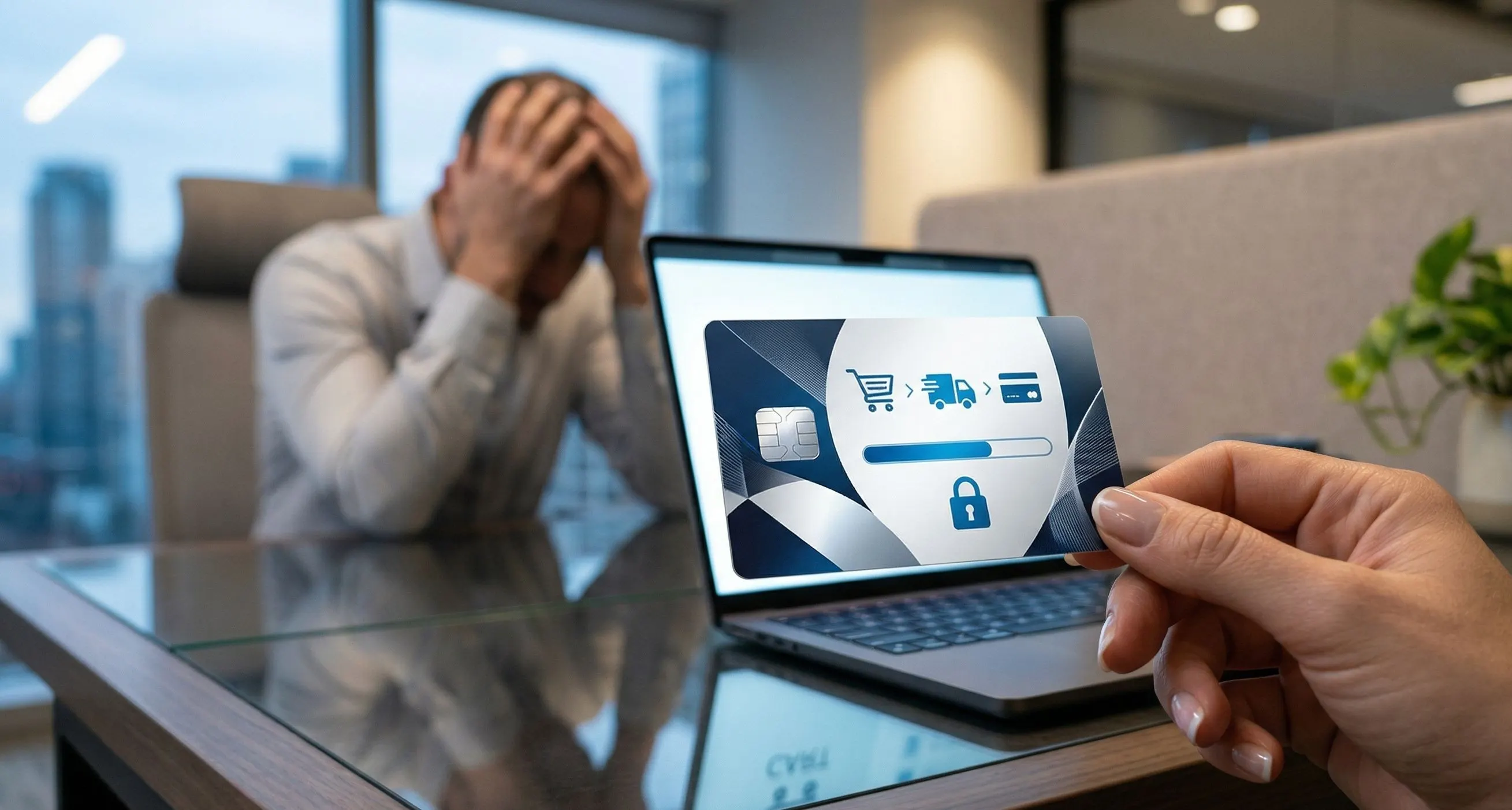 Hand holding credit card with frustrated user in the background