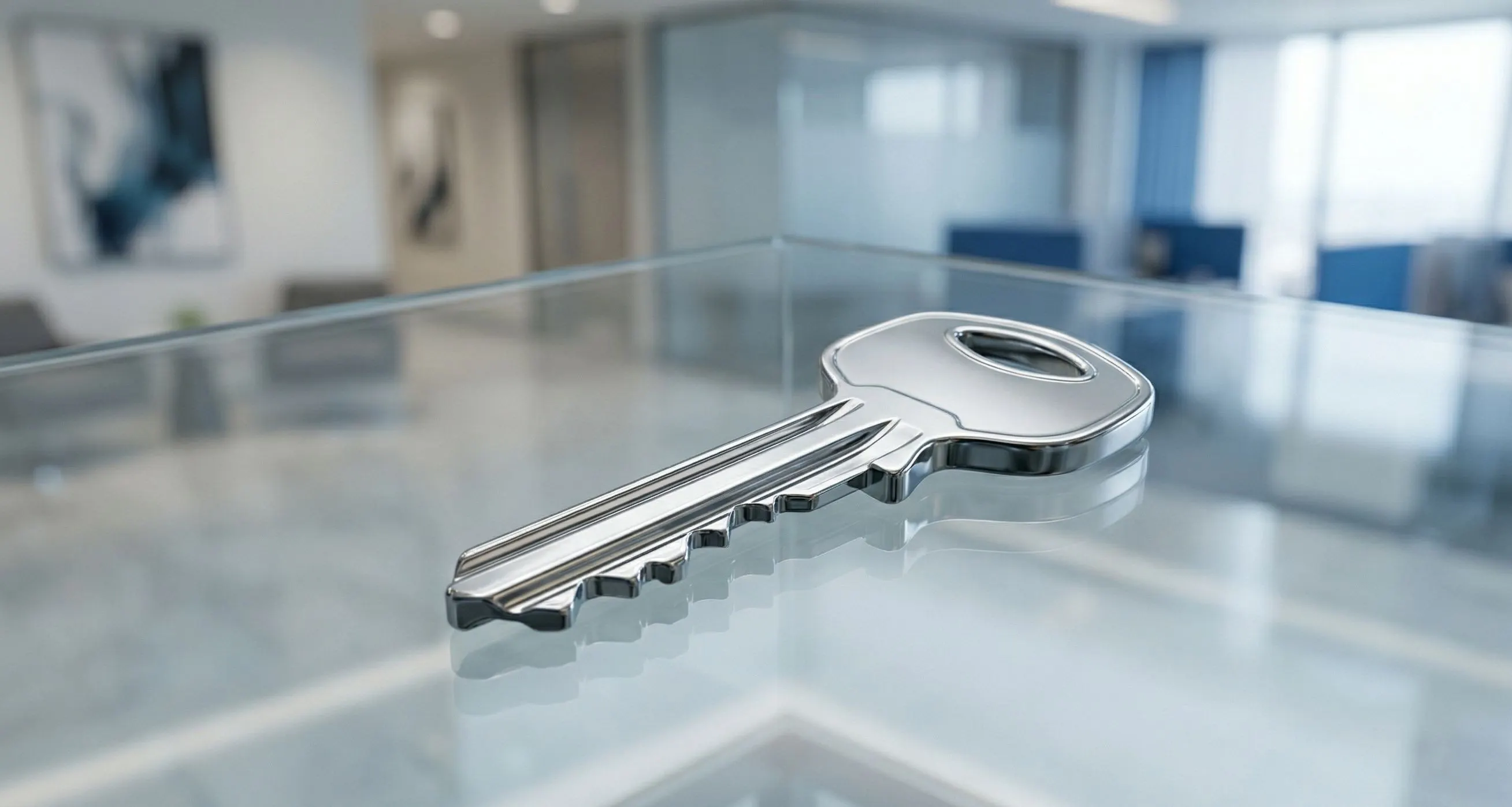 Metal key on glass table representing digital property