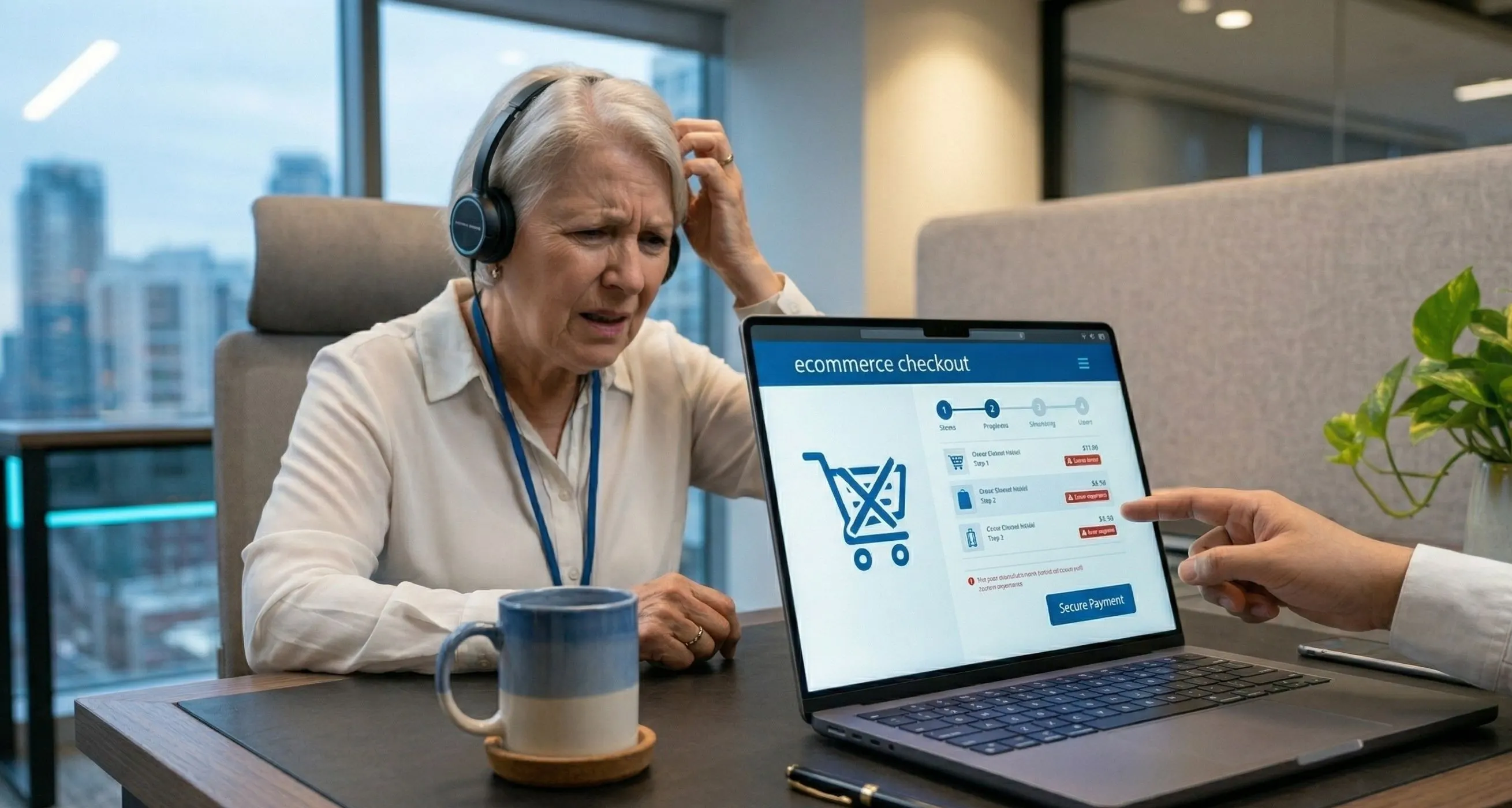 Frustrated user in front of laptop with digital cart on screen