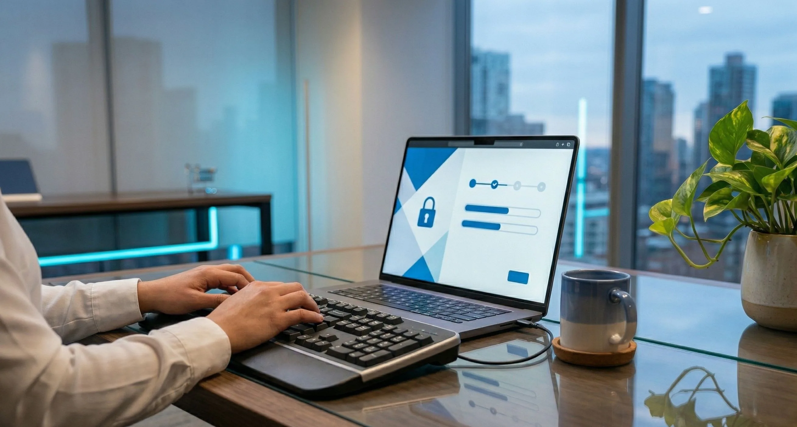 Person interacting with a web interface accessible via a specialized keyboard, highlighting inclusive design