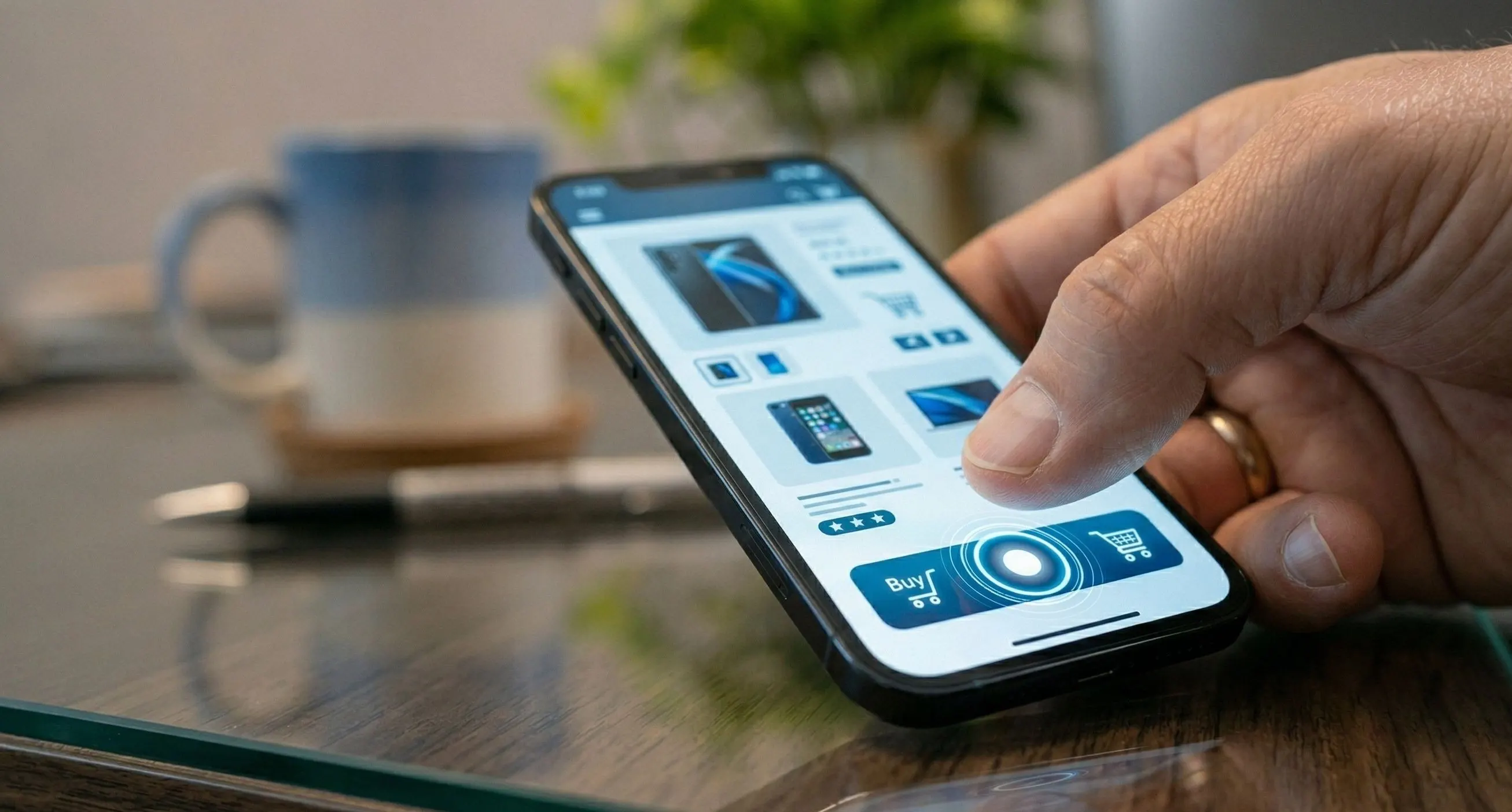 Ecommerce interface on smartphone with highlighted purchase button